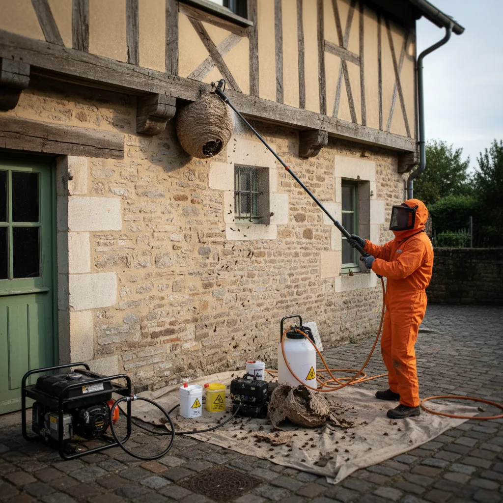 Destruction d'un nid de frelons asiatiques en hauteur