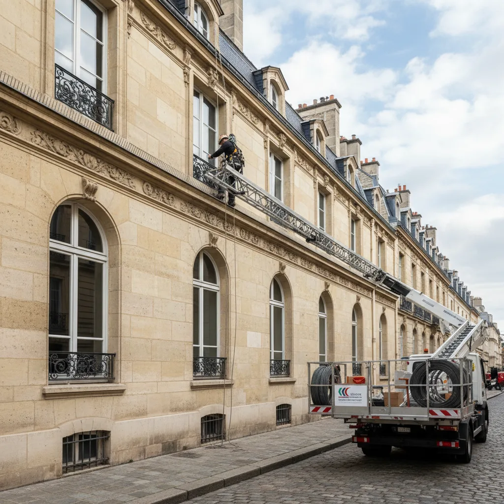 Installation de pics anti-pigeons sur une corniche de bâtiment