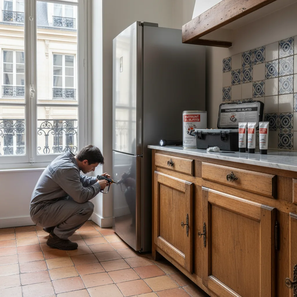 Traitement anti-cafards par gel appât dans une cuisine